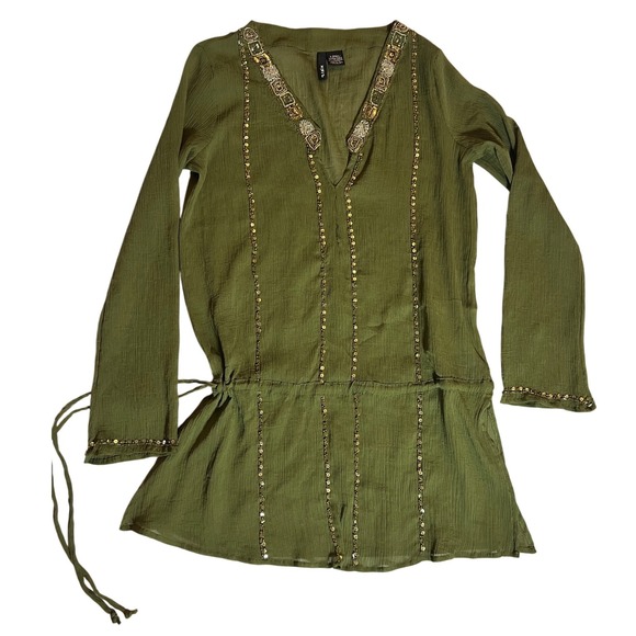 Tops - Y2K Mixit Sheer Tunic Top XS Boho Earthy Olive Green Beaded Gold Sequin Gauze
